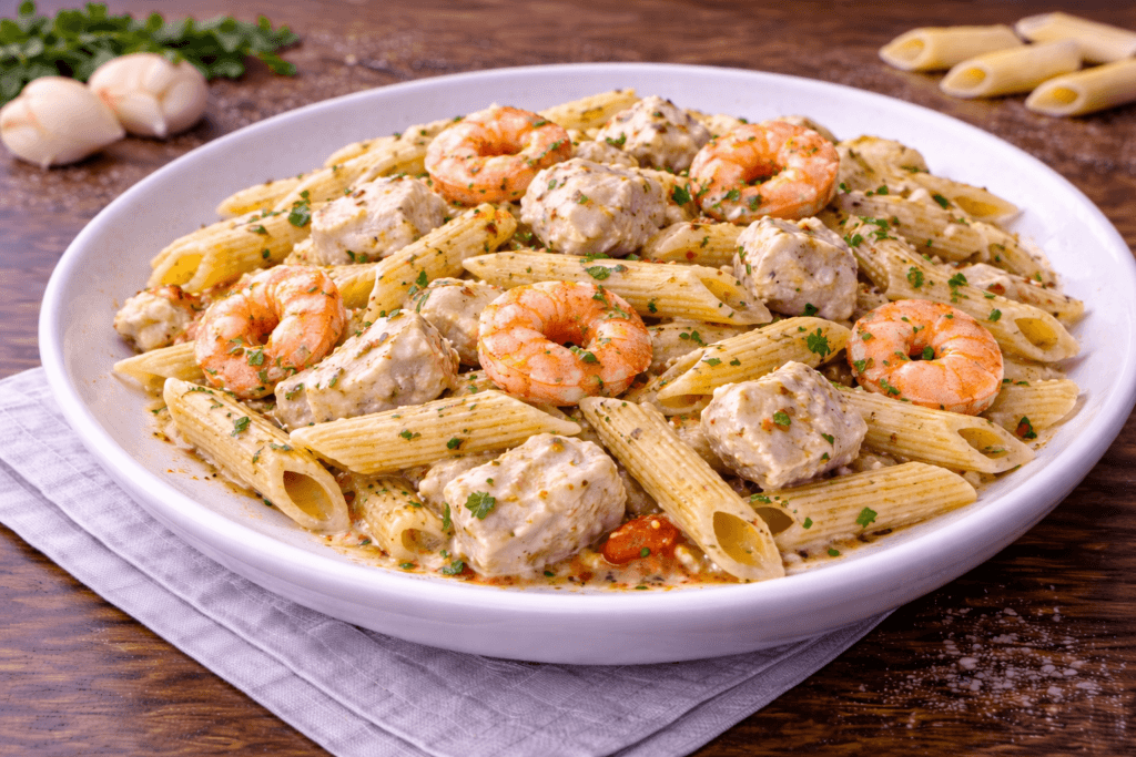 Penne con gamberetti e rombo
