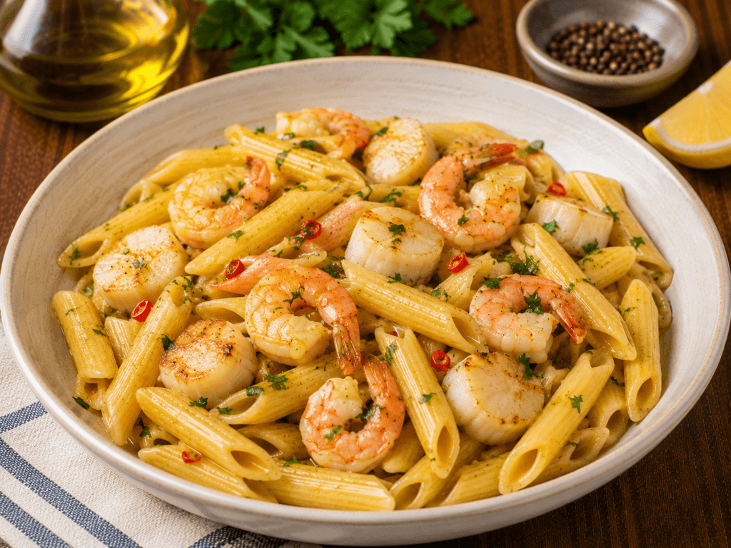 Penne con gamberi e capesante
