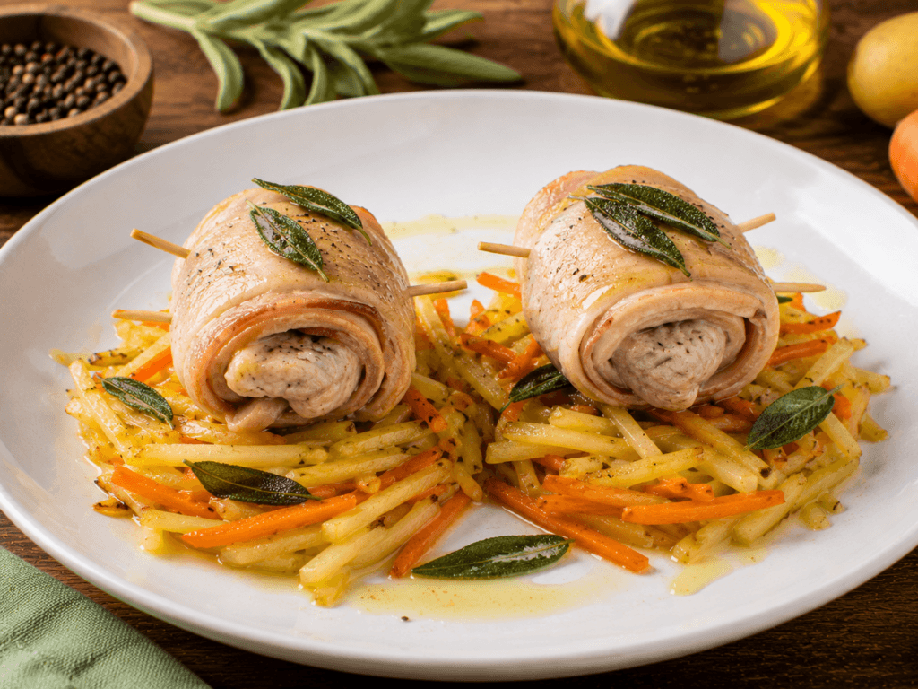 Rotolini di trota su letto di patate e carote