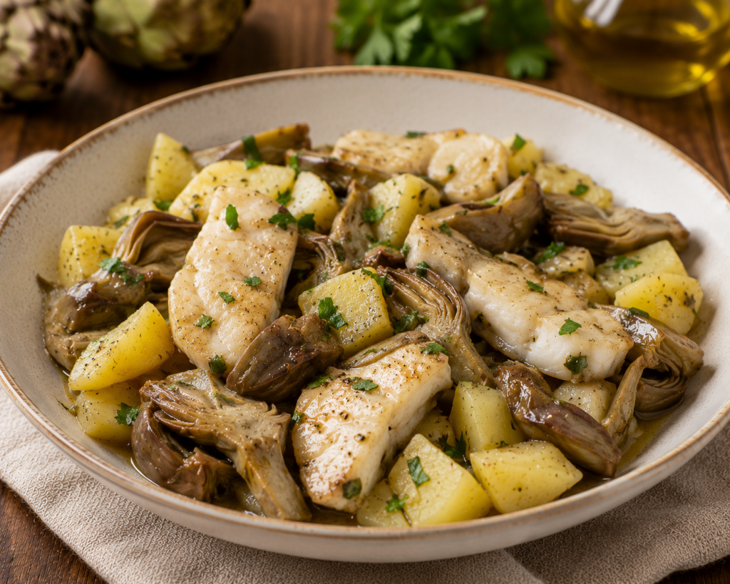 Moscardini con patate e carciofi