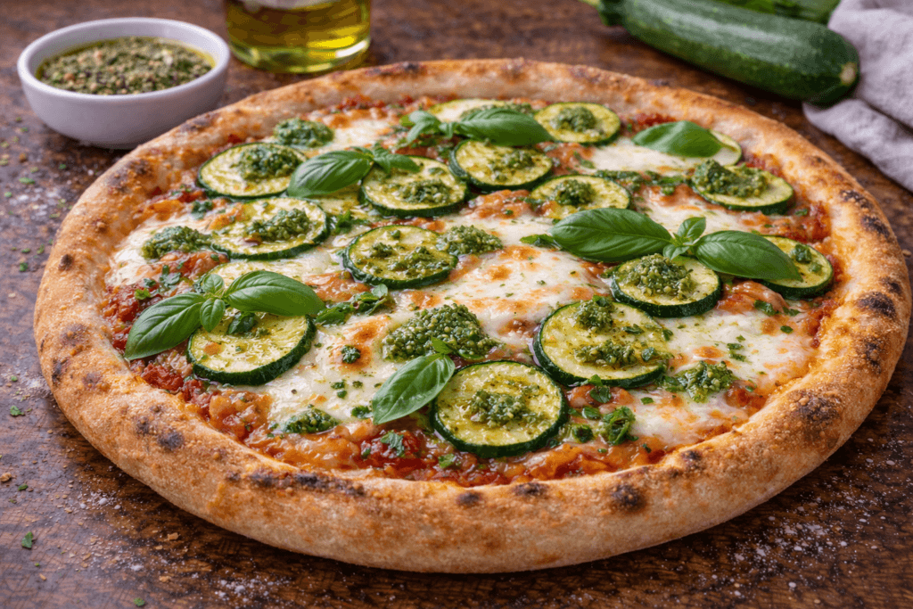 Pizza alla mozzarella con zucchine e pesto