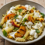 Fusilli freddi con pesche grigliate, burrata e pistacchi