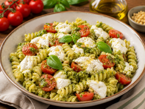 Pasta con pesto, pomodorini ciliegia e burrata