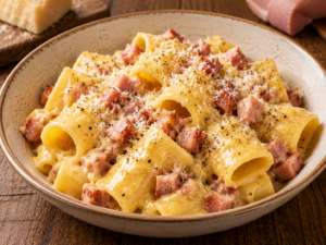 Paccheri con mortadella in salsa di uovo e parmigiano